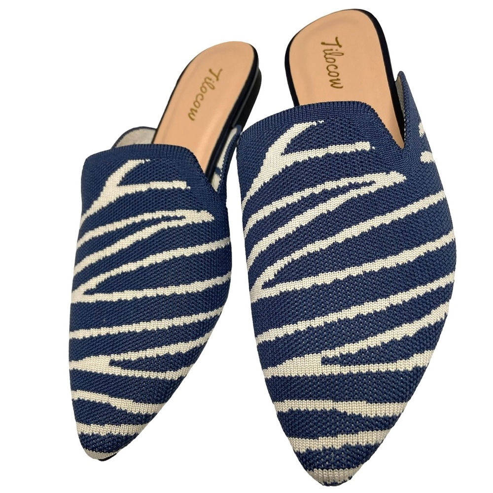 TILOCOW Blue Zebra Stripe Pointed Toe Knit Mules - Picture 4 of 16